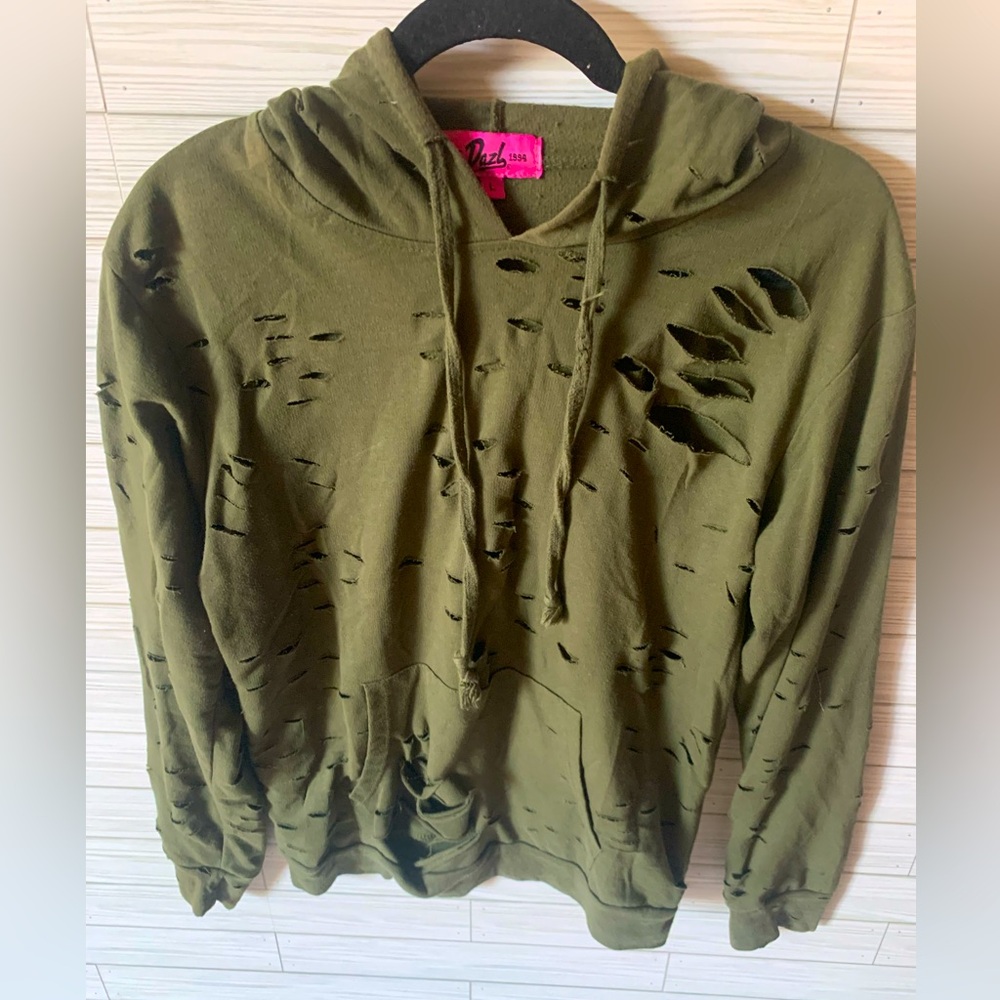Dazl Olive Green Distressed Hoodie Sweater - Picture 1 of 5